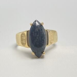 Vintage 10K Gold Black Jadeite Marquise Ring Chinese Symbol Size 6